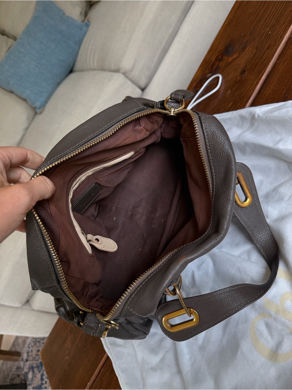 Chloé Paraty Medium Leather Satchel Shoulder Bag Grey/Brown Gold Hardware - Picture 7 of 9